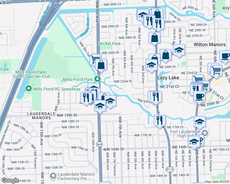 map of restaurants, bars, coffee shops, grocery stores, and more near 656 Northwest 21st Street in Wilton Manors