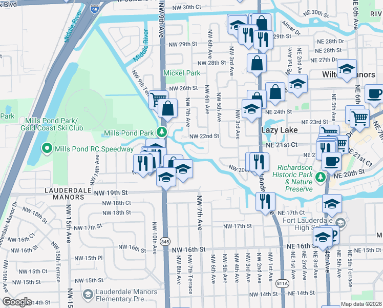 map of restaurants, bars, coffee shops, grocery stores, and more near 656 Northwest 21st Street in Wilton Manors