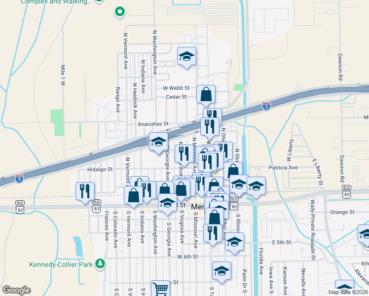 map of restaurants, bars, coffee shops, grocery stores, and more near 263 North Virginia Avenue in Mercedes