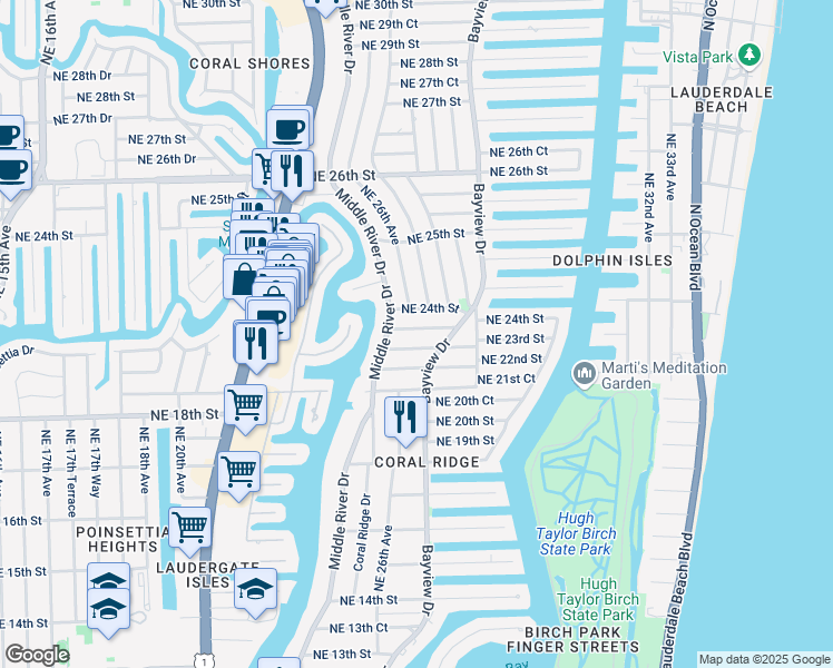 map of restaurants, bars, coffee shops, grocery stores, and more near 2609 Northeast 22nd Street in Fort Lauderdale
