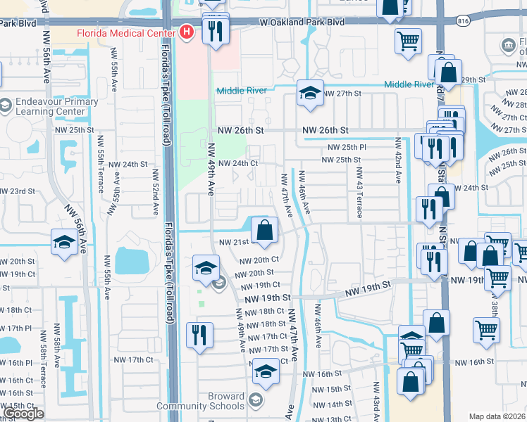 map of restaurants, bars, coffee shops, grocery stores, and more near 4750 Northwest 22nd Court in Lauderhill