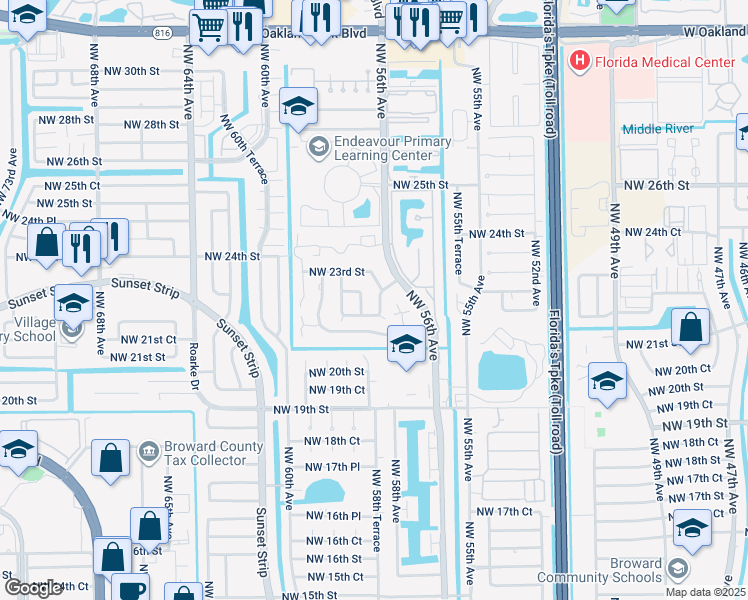 map of restaurants, bars, coffee shops, grocery stores, and more near 2221 Northwest 58th Avenue in Lauderhill