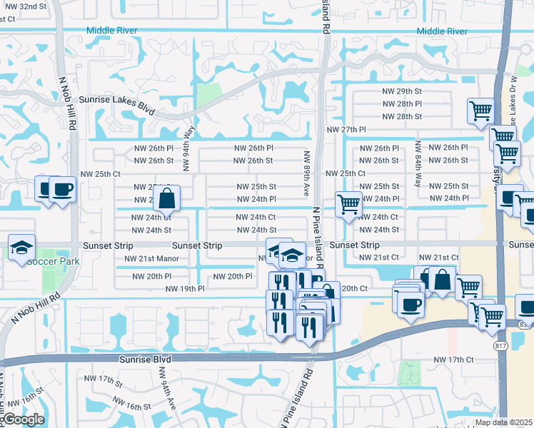 map of restaurants, bars, coffee shops, grocery stores, and more near in Sunrise