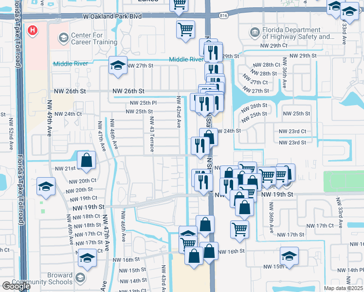 map of restaurants, bars, coffee shops, grocery stores, and more near 4121 Northwest 21st Street in Lauderhill