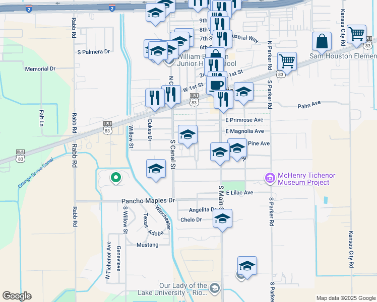 map of restaurants, bars, coffee shops, grocery stores, and more near 247 W Spruce Ave in La Feria