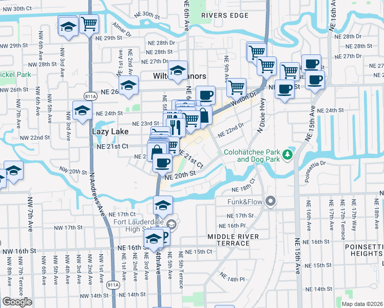 map of restaurants, bars, coffee shops, grocery stores, and more near 613 Northeast 22nd Drive in Wilton Manors