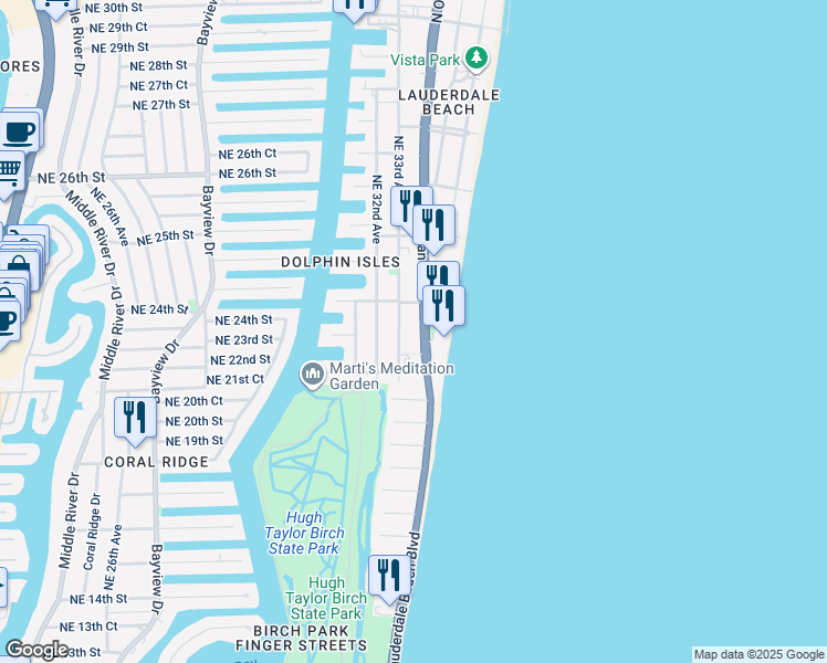 map of restaurants, bars, coffee shops, grocery stores, and more near 2000 North Ocean Boulevard in Fort Lauderdale