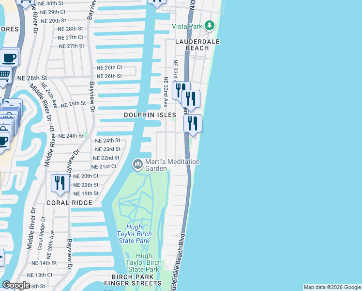 map of restaurants, bars, coffee shops, grocery stores, and more near 2000 North Ocean Boulevard in Fort Lauderdale
