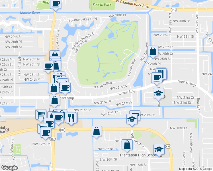 map of restaurants, bars, coffee shops, grocery stores, and more near 7620 Northwest 23rd Street in Sunrise