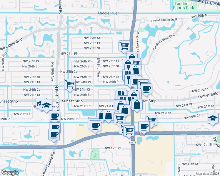 map of restaurants, bars, coffee shops, grocery stores, and more near 8370 Northwest 24th Court in Sunrise