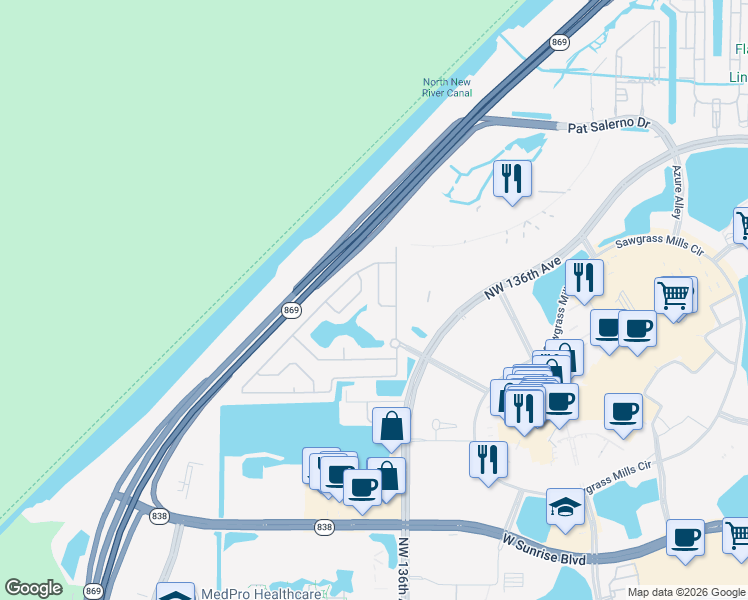 map of restaurants, bars, coffee shops, grocery stores, and more near 13708 Northwest 23rd Court in Sunrise