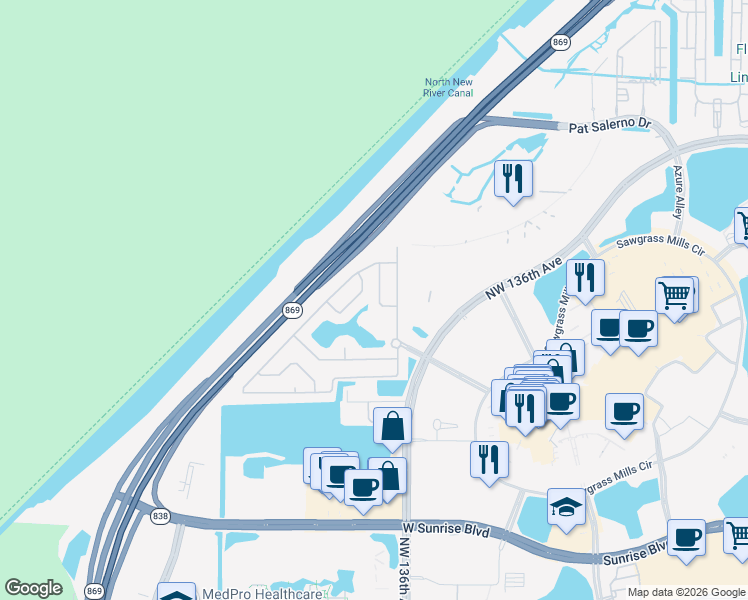 map of restaurants, bars, coffee shops, grocery stores, and more near 13708 Northwest 23rd Court in Sunrise