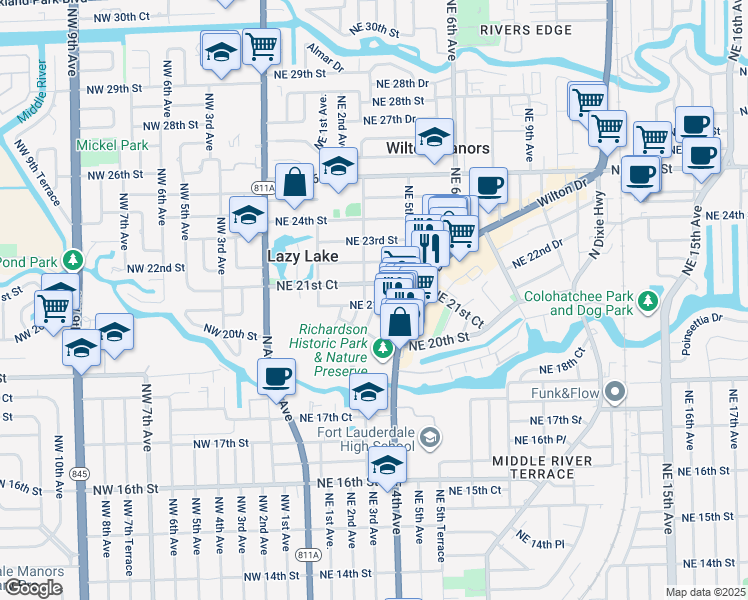 map of restaurants, bars, coffee shops, grocery stores, and more near 317 Northeast 21st Street in Wilton Manors