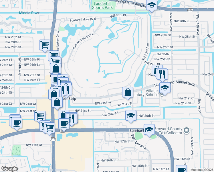 map of restaurants, bars, coffee shops, grocery stores, and more near 7620 Northwest 23rd Street in Sunrise