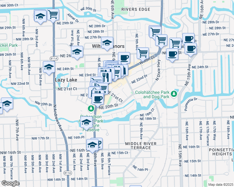 map of restaurants, bars, coffee shops, grocery stores, and more near 627 Northeast 22nd Drive in Wilton Manors