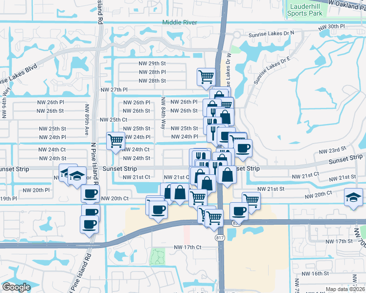 map of restaurants, bars, coffee shops, grocery stores, and more near 8370 Northwest 24th Court in Sunrise