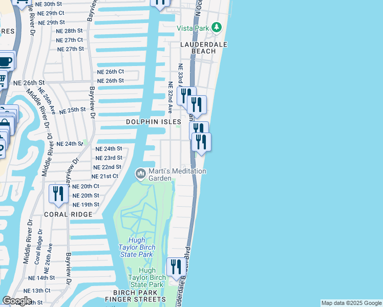map of restaurants, bars, coffee shops, grocery stores, and more near 2000 North Ocean Boulevard in Fort Lauderdale