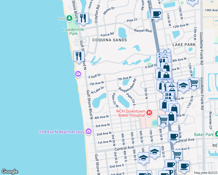map of restaurants, bars, coffee shops, grocery stores, and more near 230 North Lake Drive in Naples