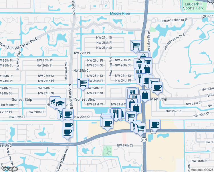 map of restaurants, bars, coffee shops, grocery stores, and more near 8481 Northwest 24th Street in Sunrise