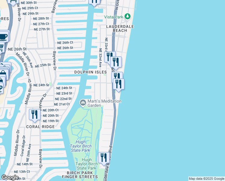 map of restaurants, bars, coffee shops, grocery stores, and more near 2000 North Ocean Boulevard in Fort Lauderdale