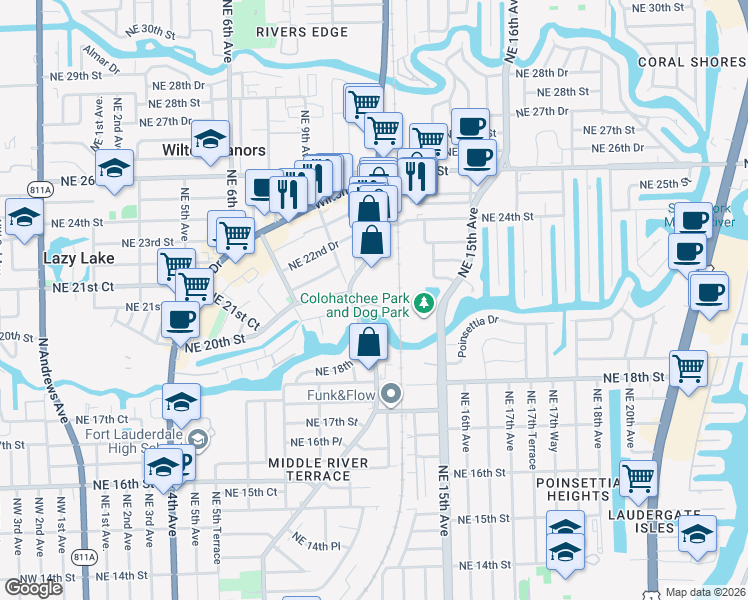 map of restaurants, bars, coffee shops, grocery stores, and more near 5 Riverside Place in Wilton Manors