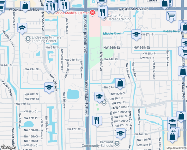 map of restaurants, bars, coffee shops, grocery stores, and more near 5021 Northwest 22nd Street in Lauderhill