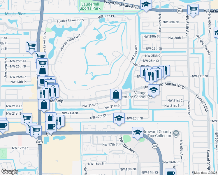 map of restaurants, bars, coffee shops, grocery stores, and more near 7470 Northwest 23rd Street in Sunrise