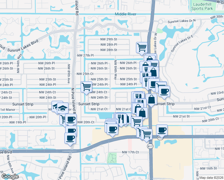 map of restaurants, bars, coffee shops, grocery stores, and more near 8481 Northwest 24th Street in Sunrise