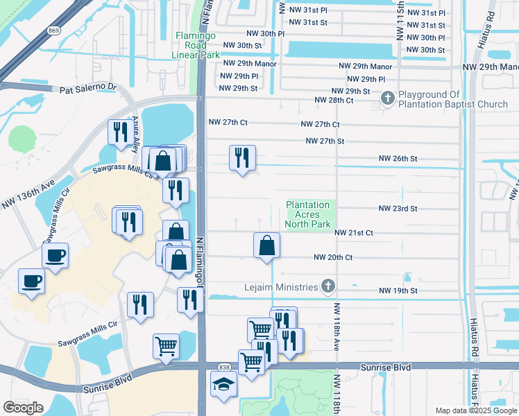 map of restaurants, bars, coffee shops, grocery stores, and more near 2201 Northwest 121st Avenue in Plantation