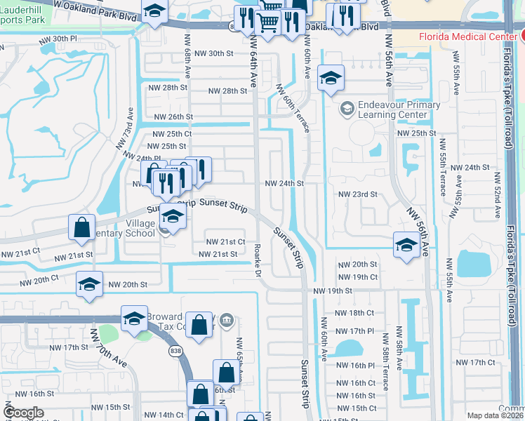 map of restaurants, bars, coffee shops, grocery stores, and more near in Sunrise