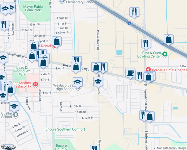 map of restaurants, bars, coffee shops, grocery stores, and more near 2100 East Business 83 in Weslaco