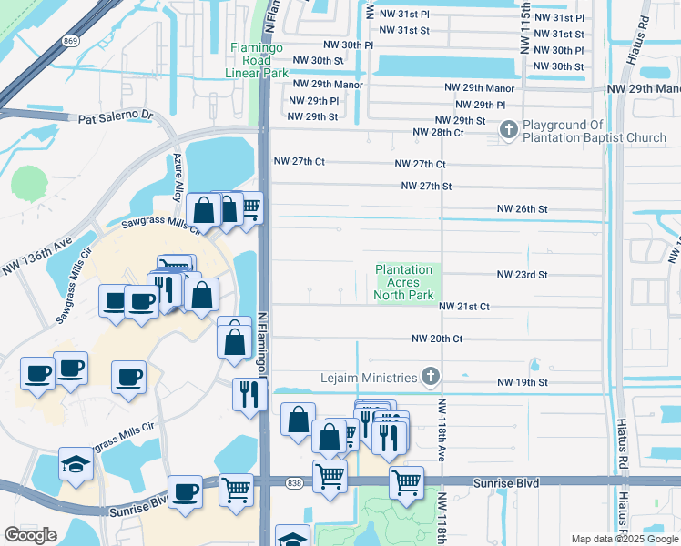 map of restaurants, bars, coffee shops, grocery stores, and more near 2201 Northwest 121st Avenue in Plantation