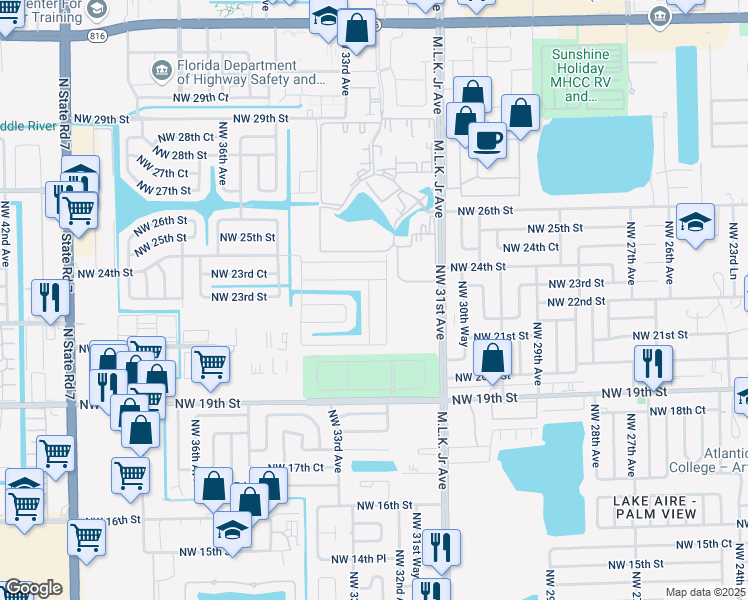 map of restaurants, bars, coffee shops, grocery stores, and more near 2260 Northwest 33rd Avenue in Lauderdale Lakes