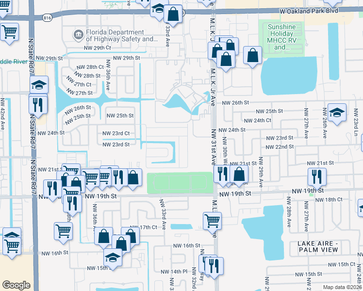 map of restaurants, bars, coffee shops, grocery stores, and more near 2260 Northwest 33rd Avenue in Lauderdale Lakes