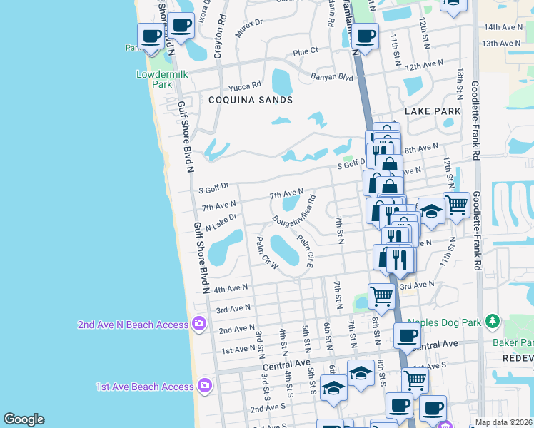 map of restaurants, bars, coffee shops, grocery stores, and more near 641 Palm Circle East in Naples
