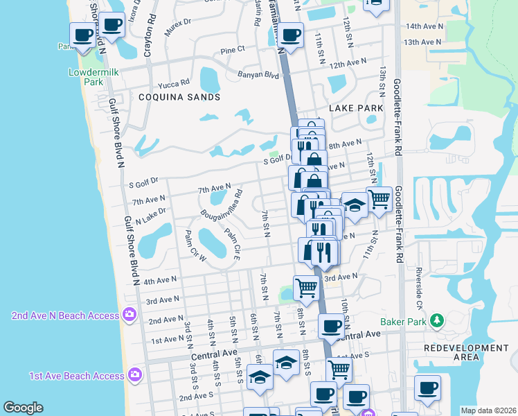 map of restaurants, bars, coffee shops, grocery stores, and more near 643 7th Street North in Naples