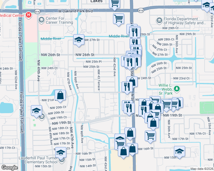 map of restaurants, bars, coffee shops, grocery stores, and more near 4251 Northwest 22nd Street in Lauderhill