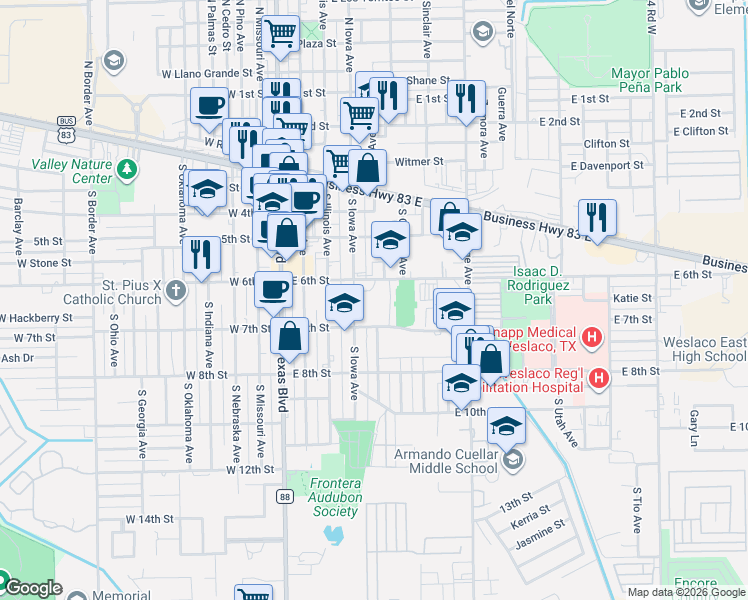 map of restaurants, bars, coffee shops, grocery stores, and more near 503 East 6th Street in Weslaco
