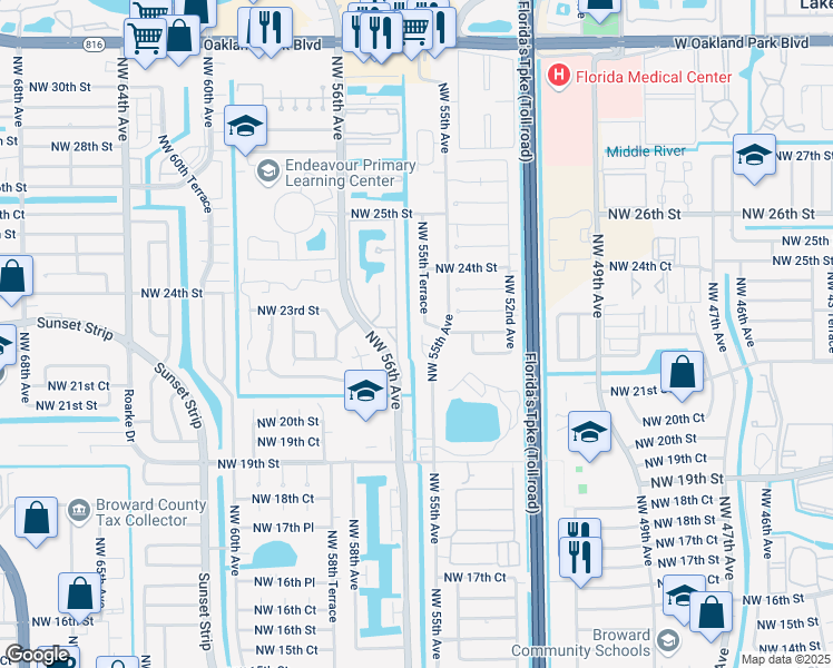 map of restaurants, bars, coffee shops, grocery stores, and more near 2111 Northwest 55th Terrace in Lauderhill