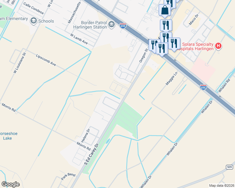 map of restaurants, bars, coffee shops, grocery stores, and more near 4521 Hummingbird Ln N in Harlingen
