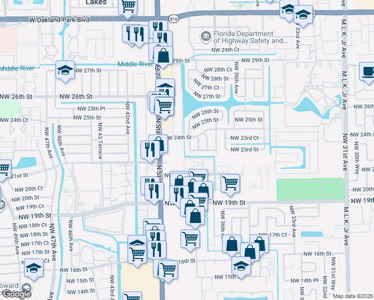 map of restaurants, bars, coffee shops, grocery stores, and more near 3821 Northwest 21st Street in Lauderdale Lakes