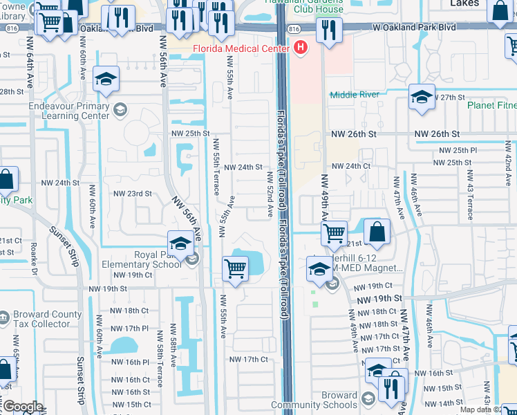 map of restaurants, bars, coffee shops, grocery stores, and more near 5317 Northwest 21st Court in Lauderhill
