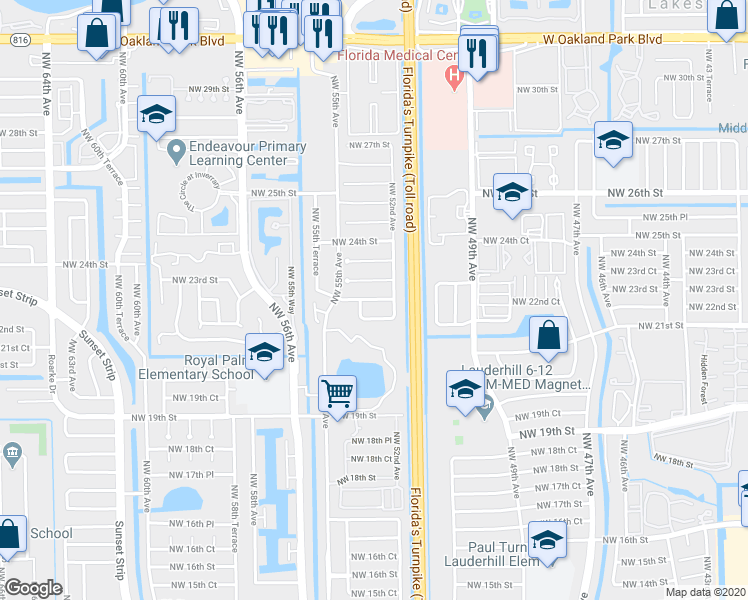map of restaurants, bars, coffee shops, grocery stores, and more near 5317 Northwest 21st Court in Lauderhill