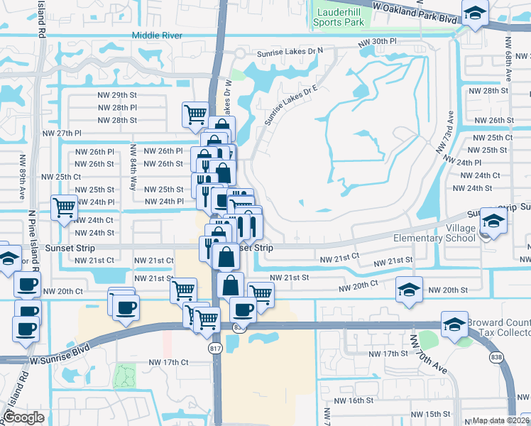 map of restaurants, bars, coffee shops, grocery stores, and more near 2270 Northwest 81st Terrace in Sunrise