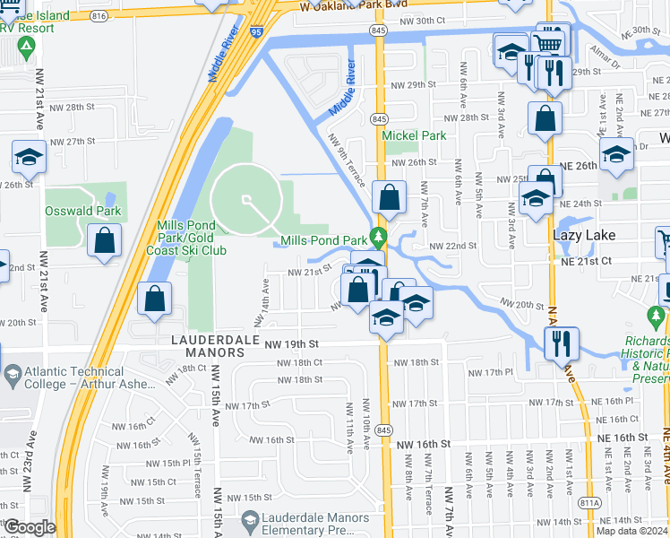 map of restaurants, bars, coffee shops, grocery stores, and more near 1070 Northwest 21st Street in Fort Lauderdale