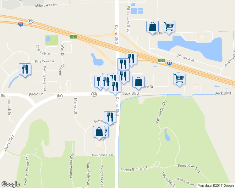 map of restaurants, bars, coffee shops, grocery stores, and more near Collier Boulevard in Naples