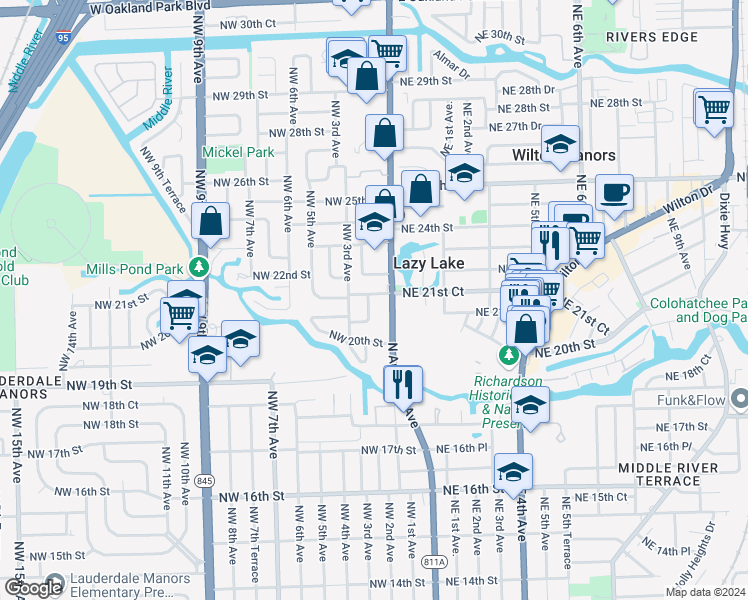map of restaurants, bars, coffee shops, grocery stores, and more near 2133 North Andrews Avenue in Wilton Manors