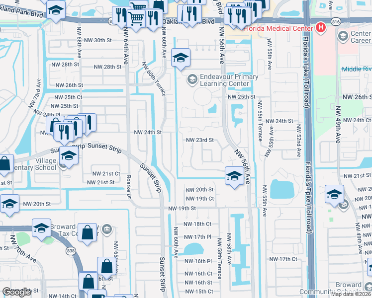 map of restaurants, bars, coffee shops, grocery stores, and more near 2313 Northwest 59th Way in Lauderhill