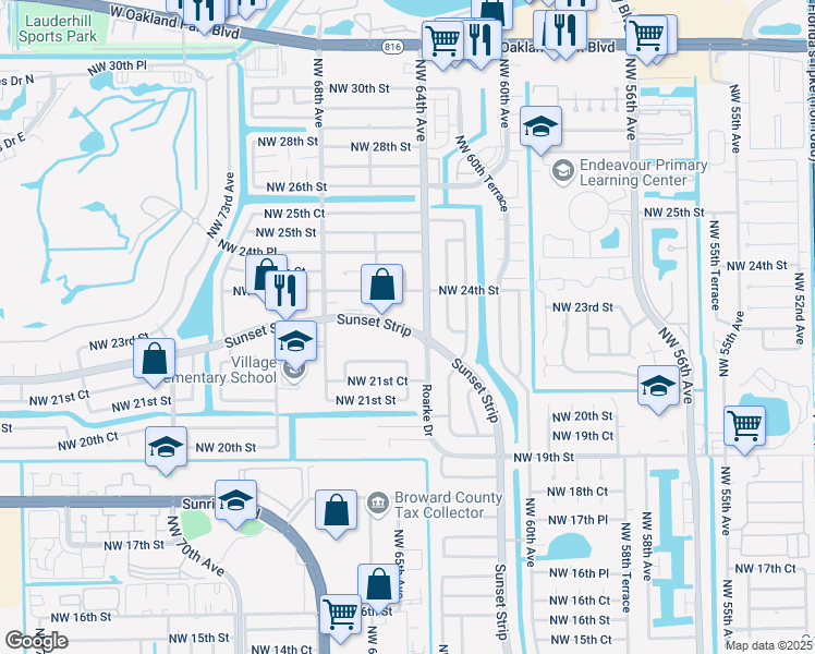 map of restaurants, bars, coffee shops, grocery stores, and more near 6491 Sunset Strip in Sunrise