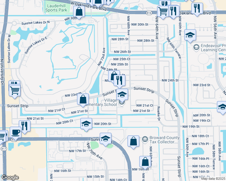 map of restaurants, bars, coffee shops, grocery stores, and more near 6949 Sunset Strip in Sunrise